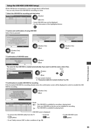 Page 55USB HDD Recording
55
Setup the USB HDD [USB HDD Setup]
All the USB devices recognised as a mass storage device will be listed.• You can only choose one USB HDD for recording at a time.
1 Select the USB HDD for recording and start setup
USB Drive A
USB Flash DiskUSB HDD SetupProduct Name
 access
 select
• Some USB HDD may not be displayed.• For the information of the highlighted device
2 Caution and confirmation of using USB HDD
Select [Yes] to proceed
The data recorded to the USB HDD with this TV can...