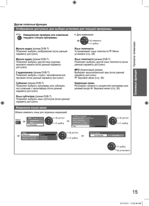 Page 15Просмотр телевизора
Основные функции
Другие полезные функции
15
Меню установок
Меню настройки DVB-T
Язык Таймер откл ТВ Выкл.
Блокировка от детей
Меню соединений
Доступ
1/2
Предпочт. Субтитры Язык менюДоступ
Предпочтение Аудио
Английский
Английский
Язык
Можно изменить язык для экранных индикаций.
MENUГлавное менюИзображениеЗвукУстановки выбор
 доступ
 выбор
 доступ
 выбор
 доступ
 установить
 выбор
Изменение языка меню
Язык меню
АнглийскийРусском
Отображение доступных для выбора установок для текущей...