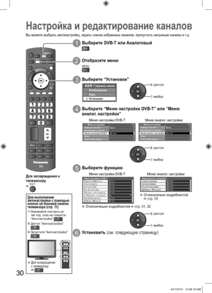 Page 30PROGRAMME
INDEXHOLDSTTLTEXT
INPUT
ASPECTAV
REC
OPTION
MUTESURROUND
POWER
POWER
OFF TIMER
RETURNRETURN
MENU
EXIT
RGYB
TV
30
  Настройка и редактирование каналов
Вы можете выбрать автонастройку, задать списки избранных каналов, пропустить ненужные каналы и т.д.
Для возвращения к 
телевизору 
 EXIT
1 Выберите DVB-T или Аналоговый
TV
4 Выберите “Меню настройки DVB-T” или “Меню 
аналог. настройки”
6 Установить (см. следующую страницу)
 доступ
 выбор
 доступ
 выбор
5 Выберите функцию
2 Отобразите меню
MENU
3...