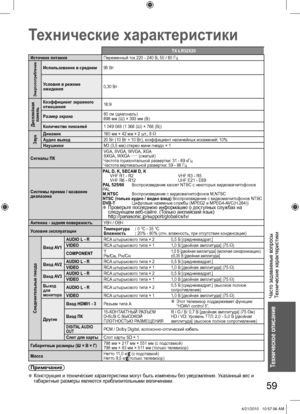 Page 59Часто задаваемые вопросы
Технические характеристики
59
Техническое описание
 
Технические характеристики
TX-LR32X20
Источник питанияПеременный ток 220 - 240 В, 50 / 60 Гц
Энергопотребление
Использование в среднем95 Вт
Условия в режиме 
ожидания0,30 Вт
Дисплейная 
панель
Коэффициент экранного 
отношения16:9
Размер экрана80 см (диагональ)
698 мм (Ш) × 393 мм (В)
Количество пикселей1 049 088 (1 366 (Ш) × 768 (В)) 
Звук
Динамик160 мм × 42 мм × 2 шт., 8 Ω
Аудио выход20 Вт (10 Вт + 10 Вт), коэффициент...