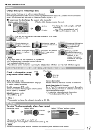 Page 17Watching TV  ●
Viewing
17
Other useful functions■
Aspect
Change the aspect ratio (image size)ASPECT
Enjoy viewing the image at its optimum size and aspect.
Normally programmes have the Aspect Control Signal (Widescreen signal, etc.), and the TV will choose the 
aspect ratio automatically according to the Aspect Control Signal (p. 62).
If you would like to change the aspect ratio manually■
Display Aspect Selection list While the list is displayed, select the mode 
ASPECT
Select
ChangeEXITRETURN
Aspect...