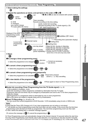 Page 47Recording Controls  ●
Advanced
Guide link recording (Timer Programming from the TV Guide signal)■  p. 20
• Not available in Analogue. mode.
Guide link recording is a timer programme controlled by information from the TV Guide.
Programme start and end times may be changed by broadcasters and sent to the TV for timer programme to 
follow the change.
Split Programme is a programme which is interrupted by one or more programmes.
Both of the above are subject to signals being sent by broadcasters.
Direct TV...