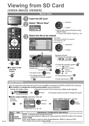 Page 5050
Viewing from SD Card
(VIERA IMAGE VIEWER)
DIRECT TV REC
TEXTSTTLINDEX HOLD
N
INPUTTV AV
EXIT
OPTIONRETURN
MENUASPECT
1Insert the SD Card
2
Select “Movie View” access
 select
You can also access directly by using ●
VIERA TOOLS 
 “How to Use VIERA TOOLS” (p. 14)
SD Card
Photo View
Movie View
3
Select the file to be viewed
Title Date & Time
Scene
DurationJapan
00h03m01s Movie View Mode
SelectEXITRETURNPlay
Trip1 01/12/2008 10:12
Trip2 01/12/2008 12:20
Trip3 01/12/2008 17:25
Trip4 01/12/2008 22:28
Nature1...