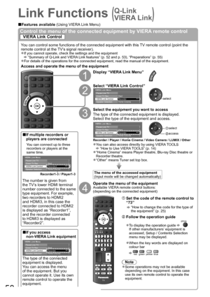 Page 5858
Link Functions (
  Q-Link 
VIERA Link
)
Features available ■(Using VIERA Link Menu)
Control the menu of the connected equipment by VIERA remote control 
VIERA Link Control
You can control some functions of the connected equipment with this TV remote control (point the 
remote control at the TV’s signal receiver).
If you cannot operate, check the settings and the equipment ●
  “Summary of Q-Link and VIERA Link features” (p. 52 and p. 53), “Preparations” (p. 55)
For details of the operations for the...