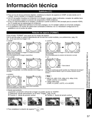 Page 13157
Preguntas 
frecuentes, etc.
 Información técnica
 Lista de clasificaciones para el bloqueo
Información técnica
Subtítulos (CC)
 Para ver los CC de las emisiones digitales, establezca la relación de\
 aspecto en COMP. (si está viendo con H-
LLENO, JUSTO, ACERC o 4:3 faltarán caracteres).
 Los CC se pueden visualizar en el televisor si el receptor (receptor di\
gital multimedia o receptor de satélite) tiene los CC encendidos usando la conexión de componente o HDMI al televiso\
r. 
 Si los CC está...