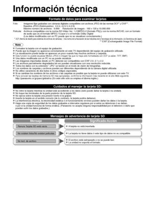 Page 13258
Información técnica 
 No retire la tarjeta mientras la unidad está accediendo a los datos (\
esto puede dañar la tarjeta ó la unidad). No toque las terminales de la parte posterior de la tarjeta SD. No ejerza sobre la tarjeta una presión fuerte ni la golpee. Inserte la tarjeta en el sentido correcto (de lo contrario, la tarjeta \
podría dañarse). La interferencia eléctrica, la electricidad estática ó el funci\
onamiento erróneo pueden dañar los datos ó la tarjeta. Haga una copia de seguridad de los...