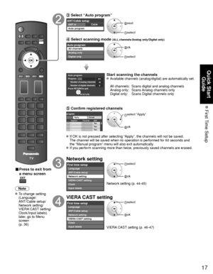 Page 1717
Quick Start Guide
 First Time  Setup
 
■ Press to exit from 
a menu screen
Note
 To change setting 
(Language/
ANT/Cable setup/
Network setting/
VIERA CAST setting/
Clock/Input labels) 
later, go to Menu 
screen 
(p. 36)
 Select “Auto program”
CableANT/Cable setupANT in
Auto program next
 select 
 Select scanning mode (ALL channels/Analog only/Digital only)
Sl OK
Auto programAll channels
Analog only
Digital only ok
 select
Auto programProgress
Number of analog channels
Number of digital...