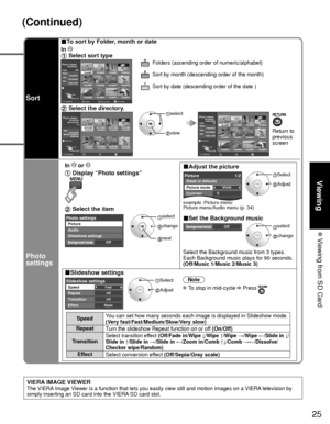 Page 2525
Viewing
 Viewing from SD Card
(Continued)
VIERA IMAGE VIEWERThe VIERA Image Viewer is a function that lets you easily view still and motion images on\
 a VIERA television by 
simply inserting an SD card into the VIERA SD card slot.
Sort
■To sort by Folder, month or date
In 
 Select sort type 
SlideshowFoldersRYSort by monthGSort by dateB
OK
SelectRETURN
Name
Pana0001
Date
 03/04/2009
Size 1029×1200
Photo viewer          All photos
Total 238Pana0001
Pana0002 Pana0003 Pana0004
Pana0005 Pana0006 Pana0007...