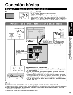 Page 8511
Guía de inicio rápido
 Conexión básica (Antena + TV) Accesorios/Accesorio  opcional
Para conectar la terminal de la antena y la caja de cables
ANT OUTANT IN
COMPONENT
IN
VIDEOIN
1
12
S
VIDEO
Y
YHDMI 1HDMI 2
SVIDEO
Y
Y
HDMI 1HDMI 2
Conexión básica
Nota
   Con el televisor no se suministran todos los cables y equipos externos m\
ostrados en este manual.   Para conocer los detalles de las conexiones de los equipos externos, con\
sulte los manuales de instrucciones de cada equipo. Cuando desconecte el...