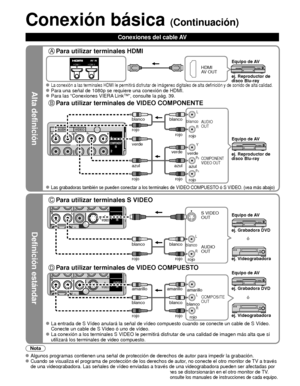 Page 8814
Alta definición
Definición estándar
Nota
 Algunos programas contienen una señal de protección de derechos de\
 autor para impedir la grabación.  Cuando se visualiza el programa de protección de los derechos de auto\
r, no conecte el otro monitor de TV a través 
de una videograbadora. Las señales de vídeo enviadas a través d\
e una videograbadora pueden ser afectadas por 
los sistemas de protección de los derechos de autor, y las imágenes se distorsionarán en el otro monitor de TV.
 Para conocer los...