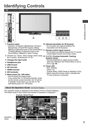 Page 11Identifying Controls
11
Identifying Controls
About the Operation Guide - On Screen Displays
The operation Guide is displayed at the bottom of the on Screen Displays.
The button used on this screen and manner of operation is displayed.
INFO
TV
EXIT
RETURNRGY BOPTION
Example: Media Player
OPTIONSD Card
EXIT
Select
RETURN
Media Player
  PhotoAll photos
Slideshow View Select Drive Select Contents SelectInfo View
Option MenuOperation 
Guide
TV
7
8 4
51
2
3
6
9
1011 12 13
1 Function select
• [Volume] /...