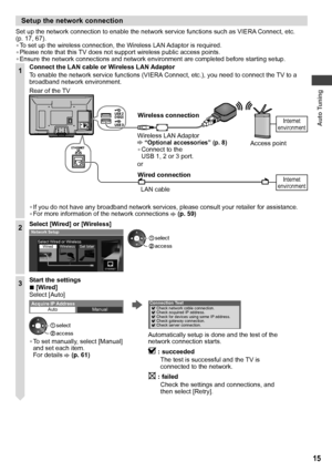 Page 15Auto Tuning
15
Setup the network connection
Set up the network connection to enable the network service functions such as VIERA Connect, etc. 
(p. 17, 67).
• To set up the wireless connection, the Wireless LAN Adaptor is required.
• Please note that this TV does not support wireless public access points.
• Ensure the network connections and network environment are completed before starting setup.
1Connect the LAN cable or Wireless LAN Adaptor
To enable the network service functions (VIERA Connect, etc.),...