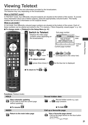 Page 21Viewing Teletext
21
Viewing Teletext
Teletext services are the text information provided by the broadcasters.
The features may vary depending on the broadcasters.
What is FASTEXT mode?
In FASTEXT mode, four differently coloured subjects are situated at the bottom of the screen. To access 
more information about one of these subjects, press the appropriately coloured button. This facility 
enables fast access to information on the subjects shown.
What is List mode?
In List mode, four differently coloured...