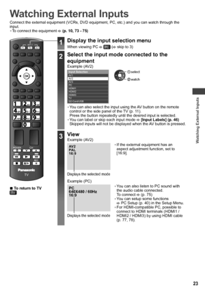 Page 23Watching External Inputs
23
Watching External Inputs
Connect the external equipment (VCRs, DVD equipment, PC, etc.) and you can watch through the 
input.
• To connect the equipment  (p. 10, 73 - 75)
TV
INPUTTV AV
CH
POWER
REC
PC
jk  lghimno
tuvpqrswxyz
abcdef
  ■To return to TVTV
1Display the input selection menu
When viewing PC  PC ( skip to 3)
2Select the input mode connected to the 
equipment
Example (AV2)
  Input Selection
 
SD Card/USB TV HDMI3 HDMI2 HDMI1 PC AV 3
AV 2AV 1 watch
 select
• You can...