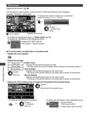 Page 50Using Media Player
50
Photo mode
Supported file format  (p. 80)
The thumbnail of all the photos in the SD Card or USB Flash Memory will be displayed.
Example: Thumbnail - [All photos]
OPTIONSD Card
EXIT
SelectRETURN
Media Player  PhotoAll photos
Slideshow View Select Drive Select Contents SelectInfo View
Option MenuSelected Device Name
•   To change the number of photos on a thumbnail 
screen at a time ( 7 × 4 ↔ 10 × 6 )
OPTION
 
 
Slideshow Settings 
Option Menu
Multi Shot 3DChange Size
  select...