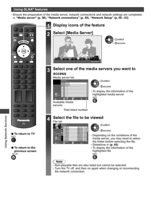 Page 64Using Network Services
64
Using DLNA® features
• Ensure the preparation of the media server, network connections and network settings are completed. “Media server” (p. 58), “Network connections” (p. 59), “Network Setup” (p. 60 - 63)
POWERINPUTTVAVSD CARD
STTLTEXT
Y
CH
POWER
REC
jk  lghimno
tuvpqrswxyz
abcdef
MUTELAST VIEW
CHVOL
INDEXHOLD
TV
ASPECT
EXIT
MENU
INFO
OPTION
RGB
RETURN
  ■To return to TVEXIT
  ■To return to the 
previous screen
RETURN
1Display icons of the feature
2Select [Media Server]...