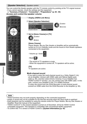 Page 72VIERA Link Functions
72
[Speaker Selection] - Speaker control
You can control the theatre speaker with this TV remote control by pointing at the TV’s signal receiver.
• If you cannot operate, check the settings and the equipment  “Summary of features”, “Connection”, “Preparations” (p. 68 - 69)
Access and control the speaker volume
POWERINPUTTVAVSD CARD
ASPECT
EXIT
MENU
INFO
OPTION
STTLTEXT
RGYB
CH
POWER
REC
RETURN
jk  lghimno
tuvpqrswxyz
abcdef
LAST VIEW
CH
INDEXHOLD
TV
MUTE
VOL
1Display [VIERA Link...