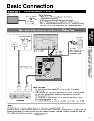 Page 1111
Quick Start Guide
 Basic Connection (Antenna + TV) Accessories/Optional Accessory
To connect the antenna terminal and Cable Box
ANT OUTANT IN
COMPONENT
IN
VIDEOIN
1
12
S
VIDEO
Y
YHDMI 1HDMI 2
SVIDEO
Y
Y
HDMI 1HDMI 2
Basic Connection
Note
   Not all cables and external equipment shown in this book are supplied wi\
th the TV. For more details on the external equipment’s connections, please refer to the operating manuals for the equipment. When disconnecting the power cord, be absolutely sure to...