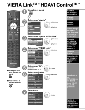 Page 11440
VIERA LinkTM “HDAVI ControlTM” 
■ Pulse para salir 
de la pantalla de 
menú
■ Para volver a la 
pantalla anterior
 
Visualice el menú
Seleccione “Ajuste”
Menú
Imagen
Audio
VIERA Link
Tarjeta SD
Subtítulos
Ajuste
 Seleccione
 Siguiente
Seleccione “Ajuste VIERA Link”.
Ajuste 2/2Ajuste VIERA Link
Configuración de red
Ajuste de VIERA CASTNetwork Camera
 Seleccione
 Siguiente
Seleccione “VIERA Link”
SíSíSí
Interno
No
No
Ajuste VIERA LinkVIERA LinkPrende controlApaga control
Altavoz inicial Ahorro energía...