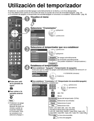 Page 12854
Utilización del temporizador 
El televisor se puede encender/apagar automáticamente en la fecha y a\
 la hora designadas. El reloj deberá estar puesto en hora antes de hacer los ajustes de la\
 hora de encendido/apagado. (pág. 18) El cronómetro de apagado y el temporizador de encendido/apagado no fu\
ncionará si se establece “Autoencendido”. (pág. 36)
■ Pulse para salir 
de la pantalla de 
menú
■ Para volver a la 
pantalla anterior
Nota
 El televisor se apaga automáticamente 
después de pasar 90...