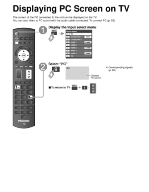 Page 3232
Displaying PC Screen on TV
The screen of the PC connected to the unit can be displayed on the TV.
You can also listen to PC sound with the audio cable connected. To connect PC (p. 55)
Display the Input select menu
Input selectTV12345678
Component 1
Component 2
HDMI 1
HDMI 2
HDMI 3
Video 1
Video 2
9PCAUX
GAME
GAME
GAME
Select “PC”
PC
Displays
PC screen
 Corresponding signals  (p. 60)
■ To return to TV       /  
 