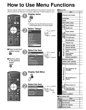 Page 3636
MenuItem
Setup 
SUB MENUChannel surf mode
Set favorite
Edit CH caption
Signal meter
Menu Item
Setup
Channel surf mode
Language
Clock
ANT/Cable setup
Connected 
devicesInput labels
Audio out
Anti Image retentionPixel orbiter
Time (minutes)
4:3 side bars
Scrolling bar
VIERA Link settingsVIERA Link
Power on link
Power off link
Stand-by power 
save
Auto power 
stand-by
Default speakers
Network setting
VIERA CAST setting
Network cameras list
ECO/energy saving
No signal for 10 
minutes
No activity for 3...