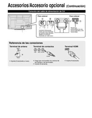 Page 8410
Accesorios/Accesorio opcional (Continuación)
Conexión del cable de alimentación de CA
Terminal de antena Terminal de contactosTerminal HDMI
verdeazulrojo
verde
 Apriete firmemente a mano. Haga que concuerden los colores de las clavijas y las terminales.
 Inserte firmemente.
 Inserte firmemente.
Referencia de las conexiones
Para colocar Para colocar
Insértelo firmemente 
hasta que las lengüetas 
de ambos lados queden 
fijadas en posición 
haciendo un ruido seco. Mantenga 
presionados los dos 
cierres...