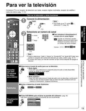 Page 9319
Guía de inicio rápido
Visión
 Para ver la televisión Configuración por primera vez
Para ver la televisión
Conecte el TV a un receptor de televisión por cable, receptor digital multimedia\
, receptor de satélite o 
cable de antena (pág. 11-14)
Para ver la televisión y otras funciones
Conecte la alimentación
(TV)
ó
Nota
 Si el modo no es TV, pulse  y 
seleccione TV. (pág. 26)
Seleccione un número de canal
Arriba
Abajo
ó
■ Para introducir directamente el 
número de un canal digital
Cuando se sintonicen...