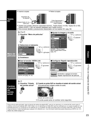 Page 9723
Visión
 Para ver imágenes de tarjeta SD
Tarjeta 
SD
 Inserte la tarjeta Retire la tarjeta
Superficie dela etiqueta
Empuje hasta oír un  ruido seco
Pulse ligeramente 
sobre la tarjeta SD y  luego suéltela.
 Tarjetas que pueden utilizarse (capacidad máxima):  Tarjeta SDHC (16 GB), Tarjeta SD (2 GB), 
Tarjeta miniSD (1 GB) (se requiere adaptador para Tarjeta miniSD)
 Para conocer detalles y precauciones relacionados con las tarjetas SD. (\
pág. 58)
Menu de 
peliculas
En  ó ■Ajustar la imagen y el audio...