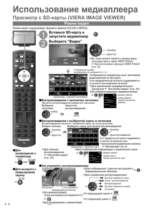 Page 44TV
EXIT
OPTIONRETURN
MENUASPECT
SD CARD
44
Для ■
возвращения к 
телевизору
 
EXIT
 или SD CARD
Для возврата к ■
предыдущему 
экрану
 
RETURN
Режим видео
Использование медиаплеера
Просмотр с SD-карты (VIERA IMAGE VIEWER)
 
1
Вставьте SD-карту и 
запустите медиаплеер
 
2
Выберите “Видео”
Медиа-проигрыватель
Выбор содержимогоВыход
Возврат Выбрать
Доступ
ФотоВидео
 доступ
 выбор
Вы также можете перейти к режиму видео ●
непосредственно через VIERA TOOLS 
 “Как использовать функции VIERA TOOLS” 
(стр. 22)...