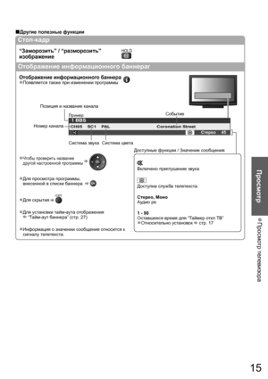 Page 15Просмотр телевизора  ●
Просмотр
15
Стоп-кадр
“Заморозить” / “разморозить” 
изображениеHOLD
Отображение информационного баннераr
1 BBS
CH05    SC1    PAL
45 Стерео
Coronation Street
Позиция и название канала
Номер канала 
Пример:
Система звука Система цвета
Доступные функции / Значение сообщения
Событие
Отображение информационного баннера
Появляется также при изменении программы●
Чтобы проверить название ●
другой настроенной программы 
Включено приглушение звука
Доступна служба телетекста
Стерео, Моно...