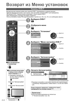 Page 30Для выполнения автонастройки ■
с помощью кнопок на боковой 
панели телевизора (стр. 9)
      Нажимайте повторно до 
тех пор, пока не появится 
“Автонастройка”
F
      Доступ “Автонастройка”
TV
      Запустите “Автонастройка”
TV
F
TV
AV
Для возвращения к ●
телевизору  F
TEXT STTLINDEX HOLD
DIRECT TV RECASPECTN
AV
OPTIONRETURN
PROGRAMME
EXIT INPUT
TV
MENU
30
Возврат из Меню установок
1
Выберите DVB-T
TV
2
Отобразите меню
MENU
3
Выберите “Установки”
Главное менюИзображение
Звук
Установки
 доступ
 выбор
4...