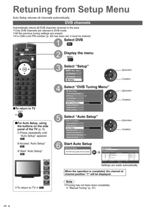 Page 34For Auto Setup, using ■
the buttons on the side 
panel of the TV (p. 8)
    
  Press repeatedly until 
“Auto Setup” appears
      Access “Auto Setup”
      Start “Auto Setup”
To return to TV ● 
TEXT STTLINDEX HOLD
DIRECT TV RECASPECTN
AV
OPTIONRETURN
EXIT
MENU
INPUTTV
34
Retuning from Setup Menu
1
Select DVB
TV
2
Display the menu
MENU
3
Select “Setup”
Main Menu
Picture
Sound
Setup
 access
 select
4
Select “DVB Tuning Menu”
Timer Programming
Link Settings
DVB Tuning MenuAccessChild Lock
       Setup Menu...