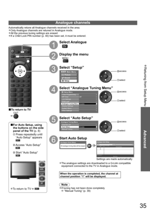 Page 35Retuning from Setup Menu  ●
Advanced
For Auto Setup, using ■
the buttons on the side 
panel of the TV (p. 8)
    
  Press repeatedly until 
“Auto Setup” appears
      Access “Auto Setup”
      Start “Auto Setup”
To return to TV ● 
TEXT STTLINDEX HOLD
DIRECT TV RECASPECTN
AV
OPTIONRETURN
EXIT
MENU
INPUTTV
35
To return to TV■
 EXIT
1
Select Analogue
TV
2
Display the menu
MENU
3
Select “Setup”
Main Menu
Picture
Sound
Setup
 access
 select
4
Select “Analogue Tuning Menu”
Timer ProgrammingOff TimerLink...