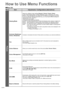 Page 3030
How to Use Menu Functions
Menu list■
MenuItem Adjustments / Configurations (alternatives)
Picture
Viewing Mode
Selects four different screen settings (Dynamic / Normal / Cinema / Game)
In each Viewing Mode setting, Contrast, Brightness, Colour, Sharpness, Tint, Colour 
Balance, Colour Management, Eco Mode and 3D-COMB can be adjusted and stored 
to suit your particular viewing requirement (e.g., you may require different settings for 
viewing sports, films, news etc.)
Set for each input signal
●Changes...