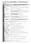 Page 3232
How to Use Menu Functions
Menu list■
MenuItem Adjustments / Configurations (alternatives)
Setup
Timer ProgrammingRecords forthcoming channels (p. 47)
Off TimerSets the time the TV automatically turns Off (Off / 15 / 30 / 45 / 60 / 75 / 90 minutes)
Link Settings
VIERA LinkSets to use VIERA Link functions (Off / On) (p. 55)
Q-Link
Selects which AV terminal is to be used for data communication between this TV and a 
compatible recorder (AV1 / AV2) (p. 54)
Select the connected terminal to the recorder...