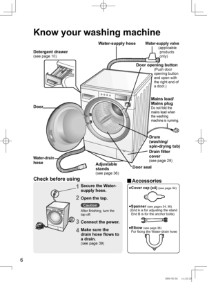 Page 6
6

Know your washing machine
Detergent drawer(see page 10)
Door
Water-drain 
hoseAdjustable	
stands(see page 36)
Drum
(washing/
spin-drying tub)
Door opening button                (Push door opening button and open with the right end of a door.)
Mains lead/
Mains plugDo not fold the mains lead when the washing machine is running.
Water-supply hose
Check before using
1Secure the Water-
supply hose.
2Open the tap.
Caution
After finishing, turn the tap off.
3Connect the power.
4Make sure the 
drain hose...