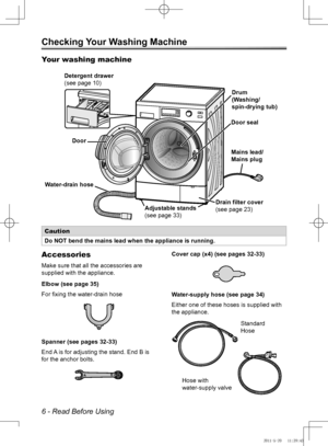 Page 66 - Read Before Using
Checking Your Washing Machine
Your washing machine
Caution
Do NOT bend the mains lead when the appliance is running.
Accessories
Make sure that all the accessories are 
supplied with the appliance.
Elbow (see page 35)
For fixing the water-drain hose
Spanner (see pages 32-33)
End A is for adjusting the stand. End B is 
for the anchor bolts.
B
A
Cover cap (x4) (see pages 32-33)
Water-supply hose (see page 34)
Either one of these hoses is supplied with 
the appliance.
Detergent drawer...