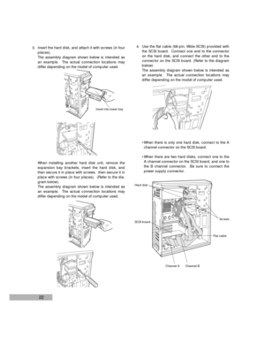 Page 2422
3. Insert the hard disk, and attach it with screws (in four
places).
The assembly diagram shown below is intended as
an example.  The actual connection locations may
differ depending on the model of computer used.
When installing another hard disk unit, remove the
expansion bay brackets, insert the hard disk, and
then secure it in place with screws.  then secure it in
place with screws (in four places).  (Refer to the dia-
gram below).
The assembly diagram shown below is intended as
an example.  The...