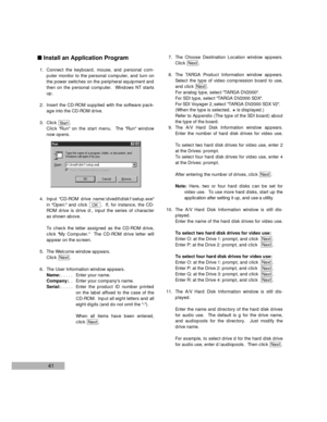 Page 4341
nInstall an Application Program
1. Connect the keyboard, mouse, and personal com-
puter monitor to the personal computer, and turn on
the power switches on the peripheral equipment and
then on the personal computer.  Windows NT starts
up.
2. Insert the CD-ROM supplied with the software pack-
age into the CD-ROM drive.
3. Click .
Click Run on the start menu.  The Run window
now opens.
4. Input CD-ROM drive name:\dvedit\disk1\setup.exe
in Open: and click  .  If, for instance, the CD-
ROM drive is drive...