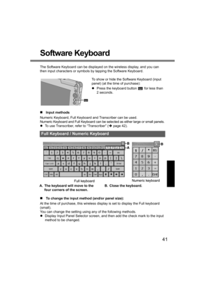Page 4141
Software Keyboard
The Software Keyboard can be displayed on the wireless display, and you can 
then input characters or symbols by tapping the Software Keyboard. 
To show or hide the Software Keyboard (input 
panel) (at the time of purchase):
zPress the keyboard button   for less than 
2 seconds.
„Input methods
Numeric Keyboard, Full Keyboard and Transcriber can be used.
Numeric Keyboard and Full Keyboard can be selected as either large or small panels.
zTo use Transcriber, refer to “Transcriber”...