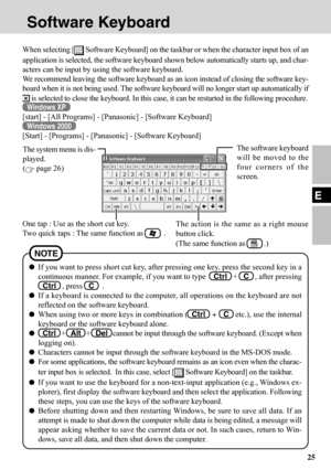 Page 2525
E
Software Keyboard
When selecting [ Software Keyboard] on the taskbar or when the character input box of an
application is selected, the software keyboard shown below automatically starts up, and char-
acters can be input by using the software keyboard.
We recommend leaving the software keyboard as an icon instead of closing the software key-
board when it is not being used. The software keyboard will no longer start up automatically if
 is selected to close the keyboard. In this case, it can be...