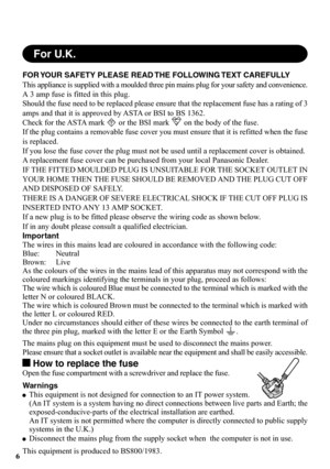 Page 66FOR YOUR SAFETY PLEASE READ THE FOLLOWING TEXT CAREFULLY
This appliance is supplied with a moulded three pin mains plug for your safety and convenience.
A 3 amp fuse is fitted in this plug.
Should the fuse need to be replaced please ensure that the replacement fuse has a rating of 3
amps and that it is approved by ASTA or BSI to BS 1362.
Check for the ASTA mark 
A S A or the BSI mark  on the body of the fuse.
If the plug contains a removable fuse cover you must ensure that it is refitted when the fuse...
