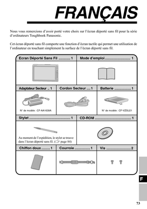 Page 7373
F
Nous vous remercions d’avoir porté votre choix sur l’écran déporté sans fil pour la série
d’ordinateurs Toughbook Panasonic.
Cet écran déporté sans fil comporte une fonction d’écran tactile qui permet une utilisation de
l’ordinateur en touchant simplement la surface de l’écran déporté sans fil.
FRANÇAIS
Mode d’emploi .......................... 1 Ecran Déporté Sans Fil ............ 1
N° de modèle : CF-VZSU21 N° de modèle : CF-AA1639A
Batterie ................. 1Adaptateur Secteur ..1Cordon Secteur...