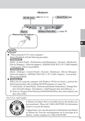 Page 1515
E
Battery Pack Slot
DC-IN JackDC-IN 16V
Stylus page 29


A lithium ion battery that is recyclable powers the product you
have purchased.  Please call 1-800-8-BATTERY for information
on how to recycle this battery.
L’appareil que vous vous êtes procuré est alimenté par une batterie
au lithium-ion. Pour des renseignements sur le recyclage de la
batterie, veuillez composer le 1-800-8-BATTERY.
NOTE

Select [Disabled] with the following procedure.
Windows XP
[Start] - [Control Panel] - [Performance and...