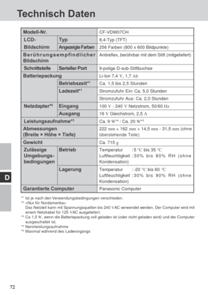 Page 7272
D
Technisch Daten
*1Ist je nach den Verwendungsbedingungen verschieden.
*2
Das Netzteil kann mit Spannungsquellen bis 240 VAC verwendet werden. Der Computer wird mit
einem Netzkabel für 125 VAC ausgeliefer t.
*
3Ca 1,5 W, wenn die Batteriepackung voll geladen ist (oder nicht geladen wird) und der Computer
ausgeschaltet ist.
*
4Nennleistungsaufnahme
*5Maximal während des Ladevorgangs
Modell-Nr.
LCD- Typ
BildschirmAngezeigte Farben
Berührungsempfindlicher
Bildschirm
Schnittstelle Serieller Port...