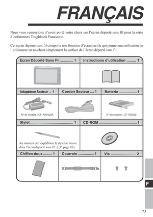 Page 7373
F
Nous vous remercions d’avoir porté votre choix sur l’écran déporté sans fil pour la série
d’ordinateurs Toughbook  Panasonic.
Cet écran déporté sans fil comporte une fonction d’écran tactile qui permet une utilisation de
l’ordinateur en touchant simplement la surface de l’écran déporté sans fil.
FRANÇAIS
Instructions d’utilisation ......... 1 Ecran Déporté Sans Fil ............. 1
N° de modèle : CF-VZSU21 N° de modèle : CF-AA1623A
Batterie................. 1Adaptateur Secteur ..1Cordon Secteur .......