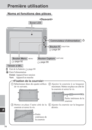 Page 7474
F

Commutateur d’alimentation
Etat de la batterie  page 88
Etat d’alimentation
Eteint: Appareil hors tension
Ve r t: Appareil en marche
Écran LCD
 page 99
Bouton CaptureBouton Menu
Témoin à DEL
 page 84
Bouton R

R-BUTTON
CAPTURE
 page 92
MENU
1Sélectionnez deux des quatre orifices
de vis suivants.2Ajustez la courroie à sa longueur
maximum. Mettez en place un côté de
la courroie et serrez la vis.
3Mettez en place l’autre côté de la
courroie et serrez la vis.4Ajustez la courroie sur la longueur...