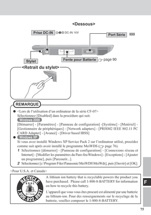 Page 7575
F
Port Série

Fente pour Batterie
Prise DC-INDC-IN 16V
Stylet page 90

REMARQUE

Sélectionnez [Disabled] dans la procédure qui suit.
Windows 2000
[Démarrer] - [Paramètres] - [Panneau de configuration] -[Système] - [Matériel] -
[Gestionnaire de périphériques] - [Network adapters] - [PRISM2 IEEE 802.11 PC
CARD Adapter] - [Avancé] - [Driver based IBSS]
Windows XP
Si vous avez installé Windows XP Service Pack 2 sur l’ordinateur utilisé, procédez
comme suit après avoir installé le programme MeiWDS (
 page...