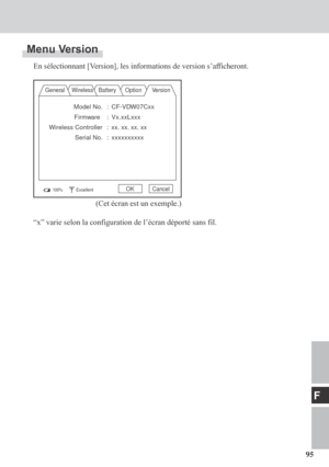 Page 9595
F
Menu Version
En sélectionnant [Version], les informations de version s’afficheront.
General Wireless Battery Option Version
Model No. : CF-VDW07Cxx
Firmware : Vx.xxLxxx
Wireless Controller : xx. xx. xx. xx
Serial No. :xxxxxxxxxx
100%ExcellentOK Cancel
(Cet écran est un exemple.)
“x” varie selon la configuration de l’écran déporté sans fil. 